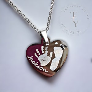 Baby Handprint Footprint Engraved Necklace | baby prints and name necklace, new baby gift, gift for new mum, angel baby memorial necklace