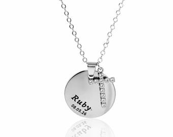 Silver Girls Personalised Cross & Name Disc Necklace