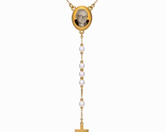 Gold Oval Custom Photo Engraved Rosary Beads Necklace