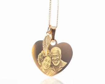 Gold Angel Wing Engraved Photo Heart Necklace | Personalised photo necklace, handwriting engraving, memorial gift, grief necklace