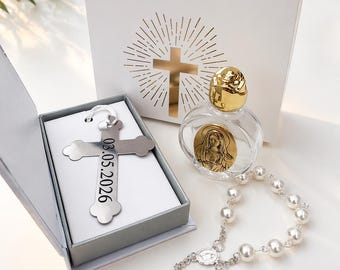 Personalised Holy Communion Gift Set – Cross Bookmark, Rosary Bracelet & Holy Water Bottle