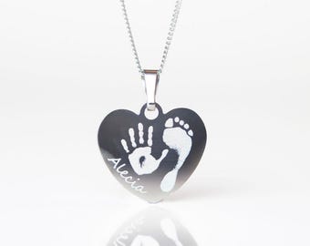 Engraved Baby Handprint Footprint Necklace | Stainless Steel Heart Pendant
