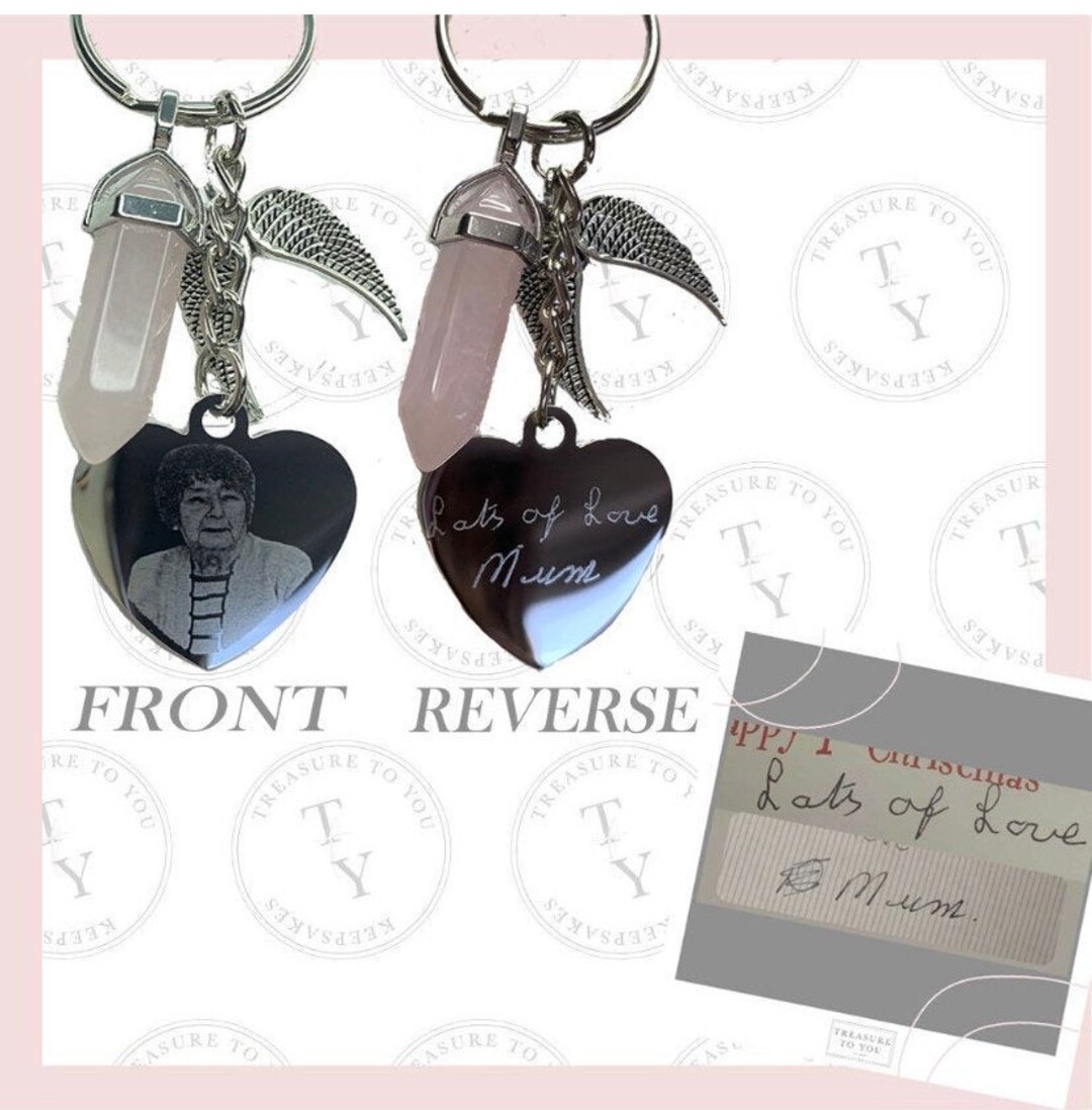 Engraved Heart Keyring Crystal Pendant Photo Engraved Keepsake Keyring