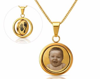 Gold Personalised Rotating Photo Necklace, Double Sided Engraved Pendant, Custom Picture Jewellery, Memorial Gift, Handwriting, Prints