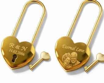Gold photo engraved love padlock and key