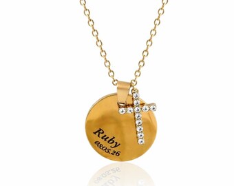 Gold Girls Personalised Cross & Name Disc Necklace