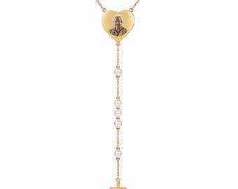 Gold Heart Custom Photo Engraved Rosary Beads Necklace