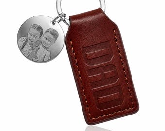 Personalised Photo Engraved DAD Leather Keyring