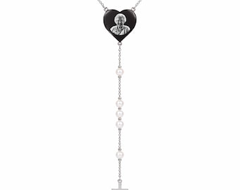 Silver Heart Custom Photo Engraved Rosary Beads Necklace