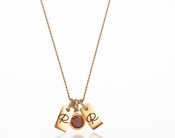 Engraved gold initial anniversary gemstone necklace