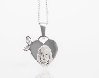 Engraved Photo Heart Necklace | Butterfly Wing Memorial Pendant