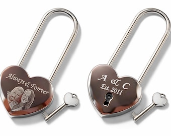 Silver photo engraved love padlock and key