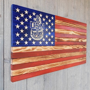 Rustic Wooden American Flag: Navy USN Anchor, Veteran Made