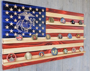 Challenge Coin Display, 14x26.5, Rustic American Flag, USMC Army Navy Air Force Small Display, Coin Holder Flag, Marine Corps