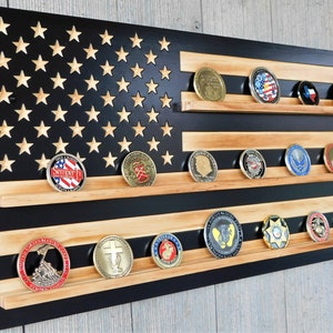 Rustic American Flag Challenge Coin Display: USMC, Army, Navy, Air Force