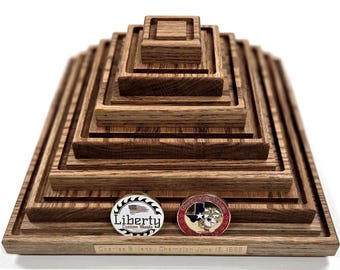 Oak Wood Challenge Coin Display Stand, Rotating Spinning Pyramid, Personalized Military Coin Holder, Veteran Gift, Holds up to 85 Coins.