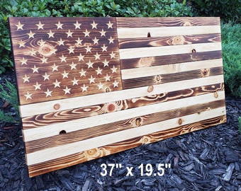 37" X 19" Hand-Engraved Wooden 50 Star Torched American FlagRustic Flag 