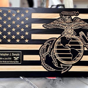 Military Retirement Gift, USMC Wooden American flag, Custom Personalized Black Subdued USMC Flag, Rustic USA Flag
