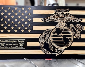 USMC Wooden American Flag: Personalized Military Retirement Gift
