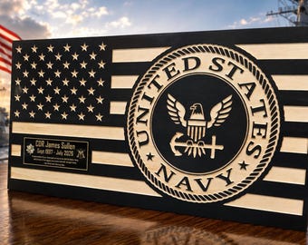 Personalized Navy Wooden American Flag, military retirement gift, USN wall decor, veteran gift, custom Navy plaque.