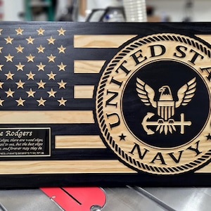 Personalized Navy Wooden American Flag: Military Retirement Gift
