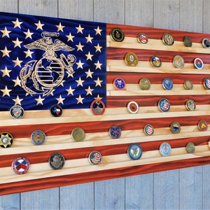 USMC Challenge Coin Display: American Flag, Veteran Made (19.5x37