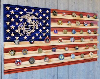 Challenge Coin Display 19.5x37, American Flag, USMC Army Navy Air Force USCG Coin Display, Personalized, Coin Holder, Veteran Custom Made