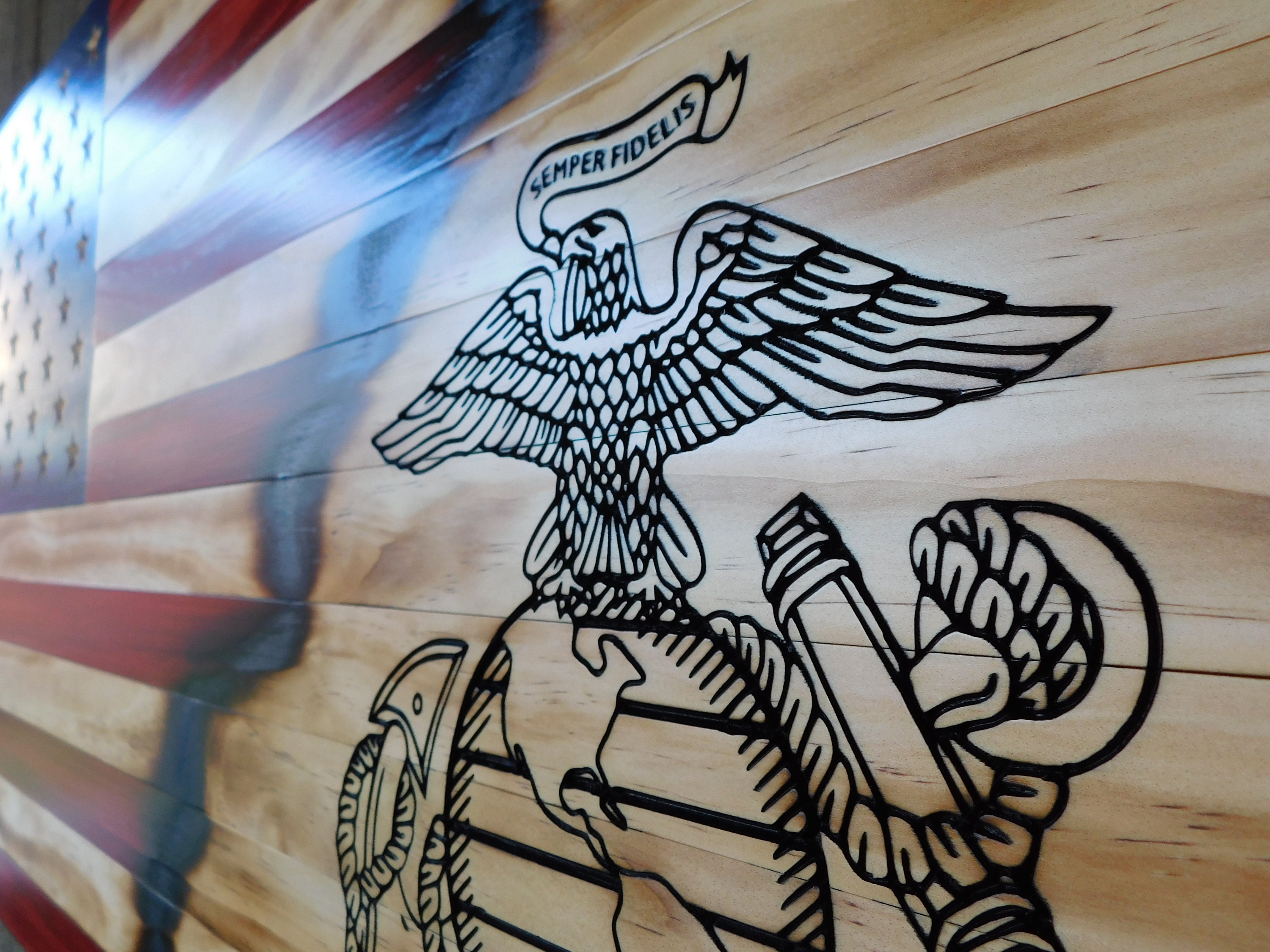 Marine Corps Wooden Flag, 19.5x37, Veteran Made, USMC Flag