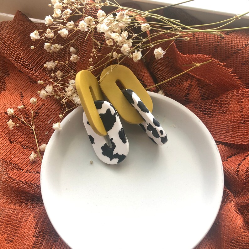 birthday gift for women dangle earrings Mother\u2019s Day gift Chain link earrings clay cow print earrings