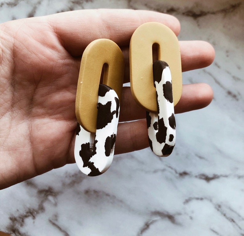 birthday gift for women dangle earrings Mother\u2019s Day gift Chain link earrings clay cow print earrings