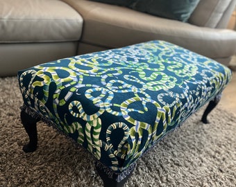 Velvet Footstool – Serpenti Snake Print, Blue Tassel Fringe