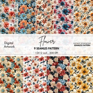 9 seamless , Flower Printable Paper, Digital download, Seamless pattern, JPG