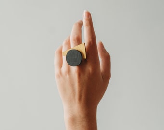 Adjustable ring in wood and stainless steel, geometric boho style, retro bauhaus wooden ring, gift for woman, gift for mom