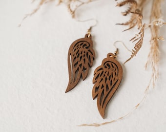 Boucles d'oreille en bois style bohème en forme d’ailes, ailes d'ange, cadeau pour elle, cadeau pour maman