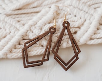 Geometric boho style wooden earrings, gift for her, anniversary gift, gift for woman