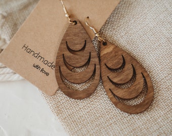 Boho style wooden earrings in geometric shape