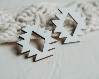 Stud Wooden Earrings, Boho & ethnic style, geometric, White, wooden jewelry, lightweight earrings, hypoallergenic earrings