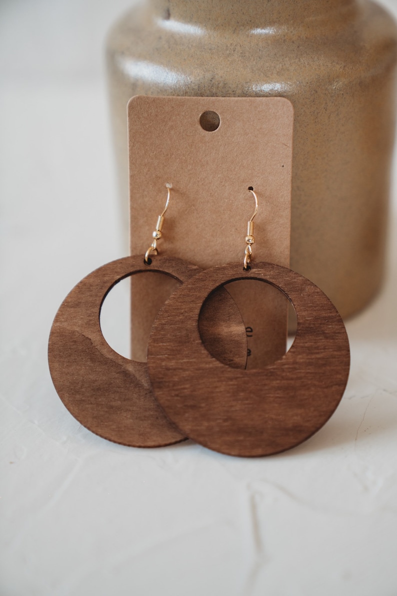 Boho style wooden earrings in round shape, creoles image 6