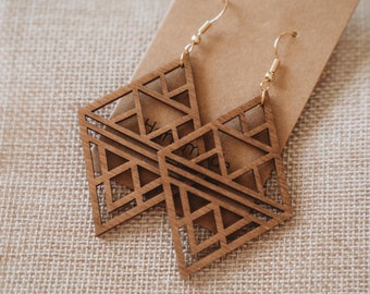 Boho style wooden earrings in geometric shape