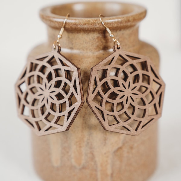 Boho mandala style wooden earrings