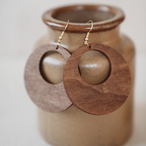 Boho style wooden earrings in round shape, creoles image 2