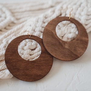 Boho style wooden earrings in round shape, creoles image 1