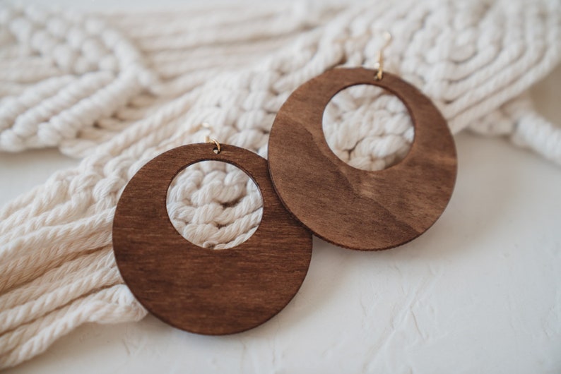 Boho style wooden earrings in round shape, creoles image 1