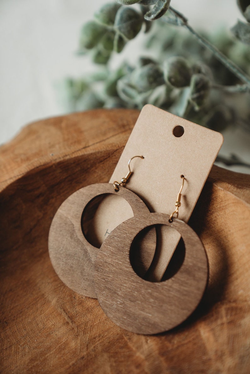 Boho style wooden earrings in round shape, creoles image 3