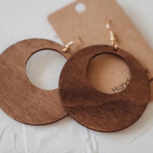 Boho style wooden earrings in round shape, creoles image 8