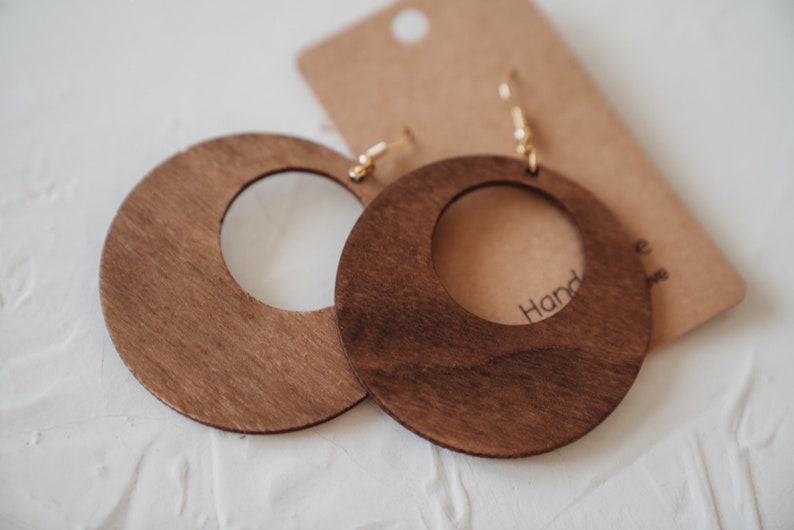 Boho style wooden earrings in round shape, creoles image 8