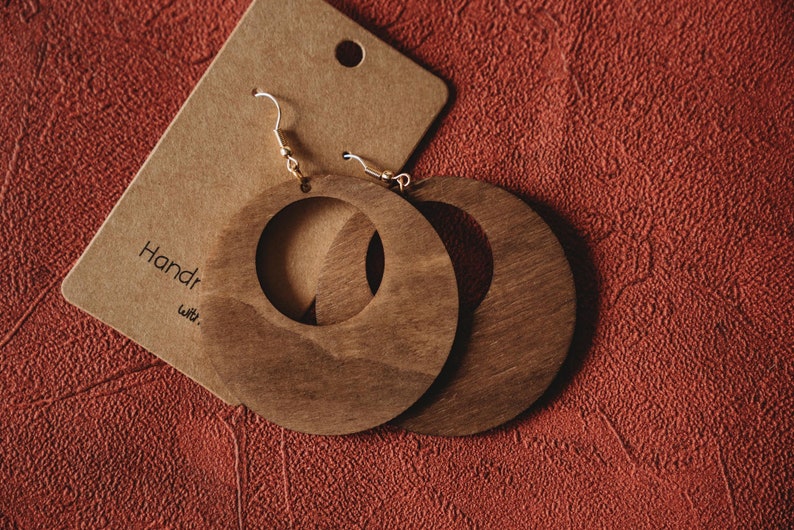 Boho style wooden earrings in round shape, creoles image 7