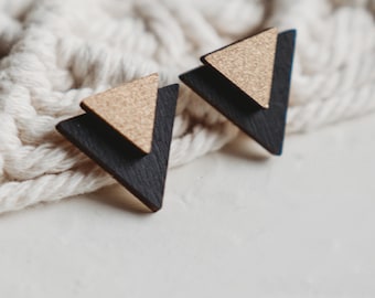 Geometric wooden earrings in black and gold triangle
