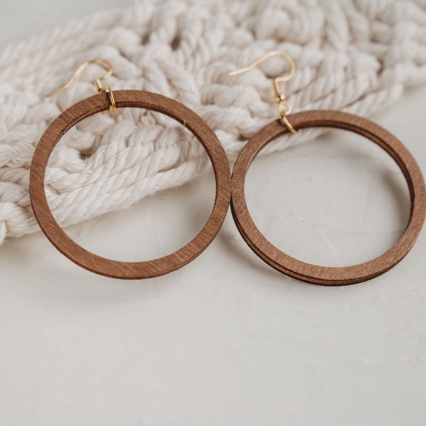 Geometric boho style wooden earrings, creoles