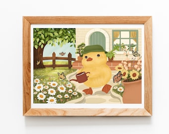 Duckling Art Print| Art Print for Wall, Home Decor | High Quality Paper and Ink|Cute Duckling Watering His Garden Wall Hanging for Your Home